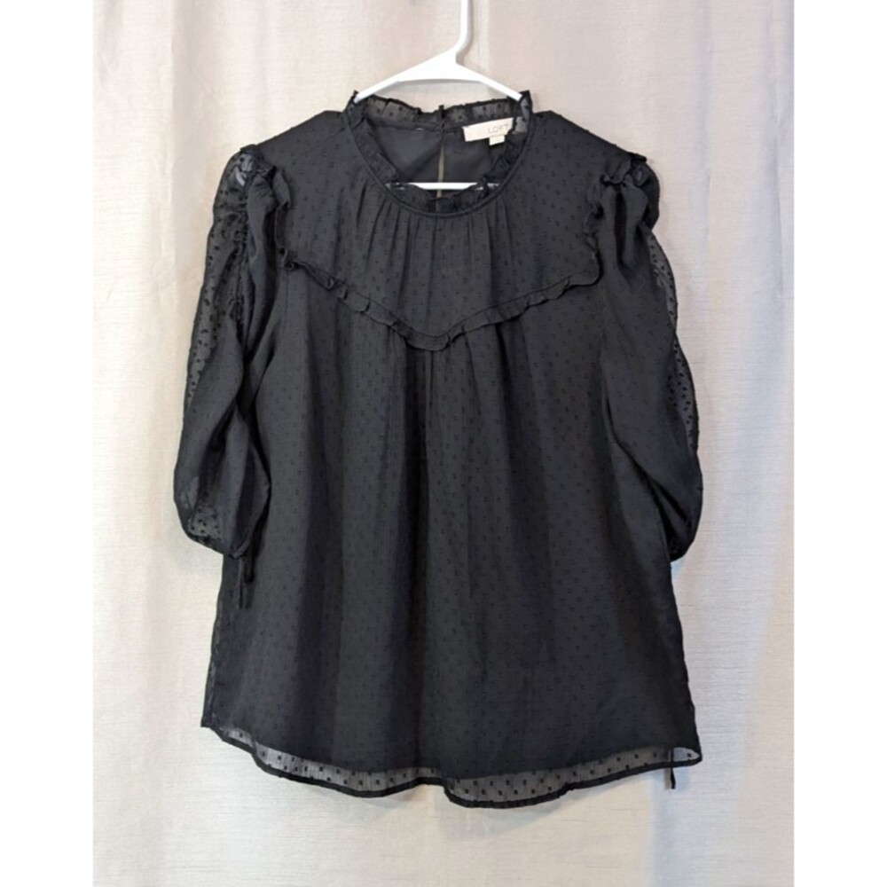 LOFT Womans Size LARGE Black Blouse Tie Sleeve Gothic Halloween Wednesday Addams